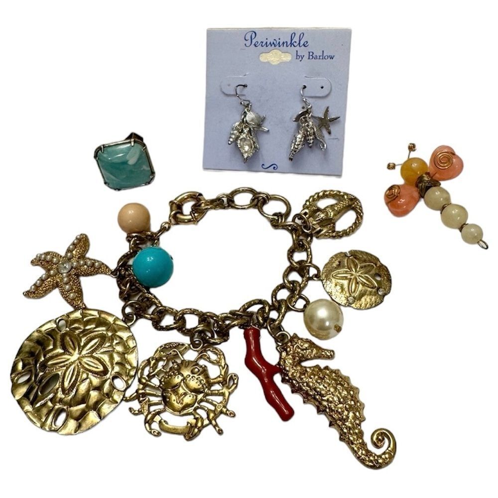 Beach Gold Jewelry Lot~Sterling silver ring charm bracelet Periwinkle earrings